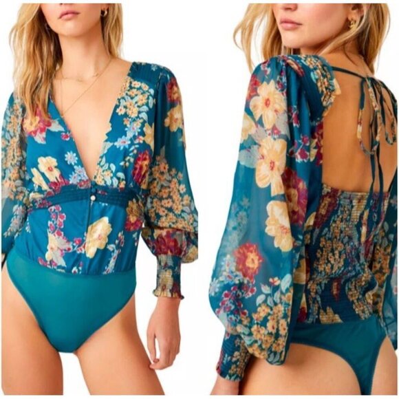 NEW Free People Wanderlust Bodysuit Floral Print Long Sleeve Chiffon Size Small - Picture 1 of 11